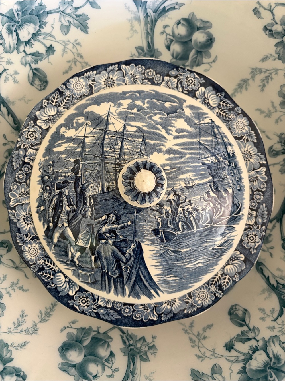 Liberty Blue and White Boston Tea Party Covered Vegetable Dish